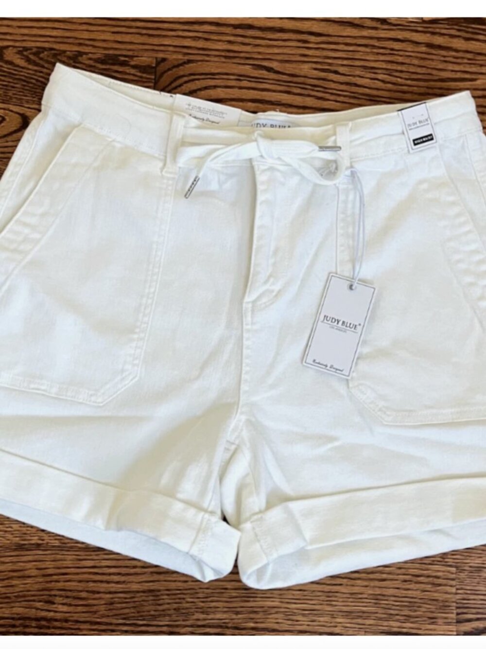 New! Judy Blue Womens Large White High Waist Double Roll Cuff Denim Shorts